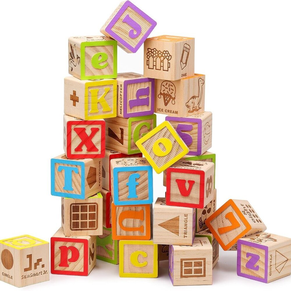 Wooden Alphabet Blocks 1.73 Inch, 30Pcs Building Blocks Including Letters, Numbe
